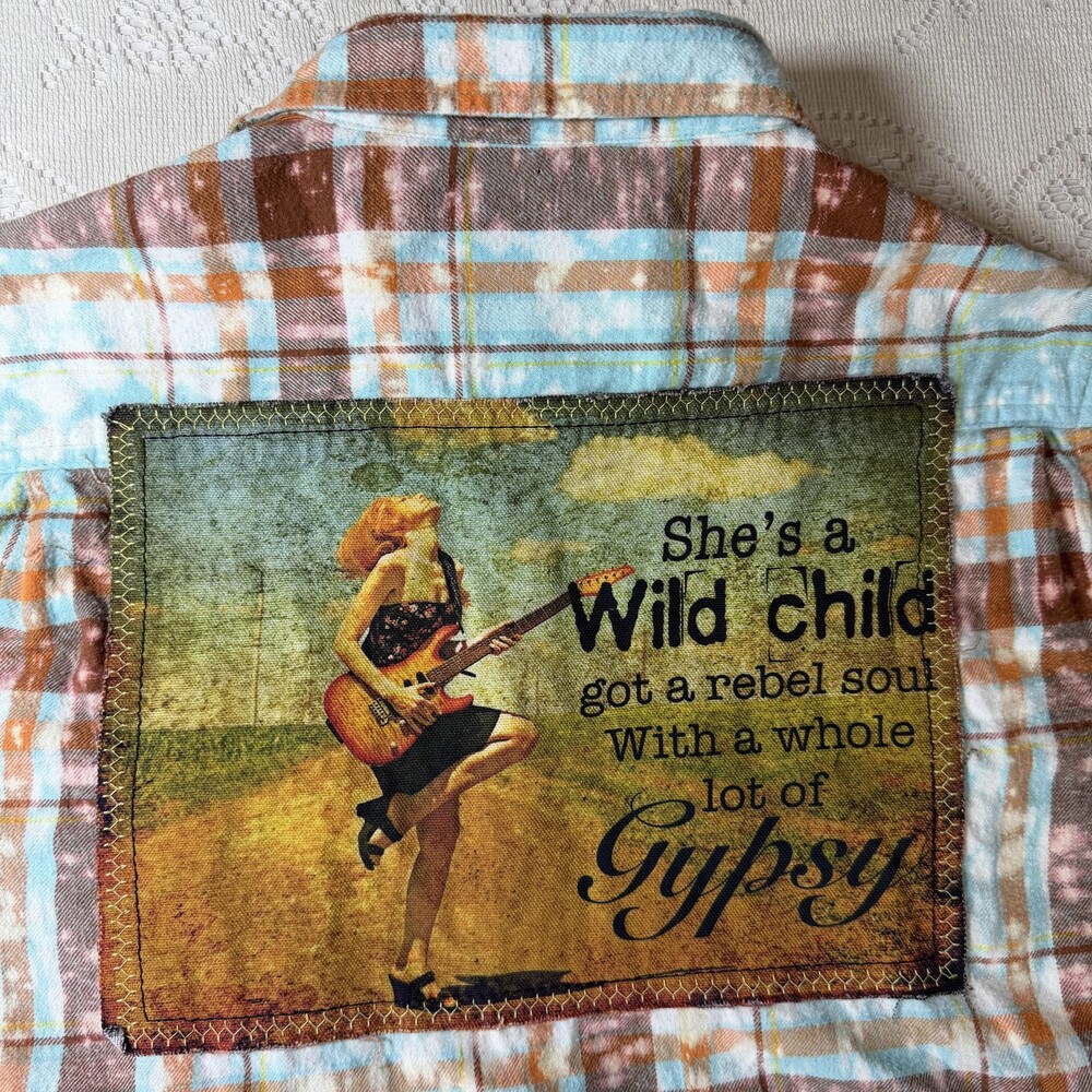 Angry Minnow Vintage Flannel Shirt Womens Medium Blue Plaid Wild Child Gypsy - Picture 11 of 13
